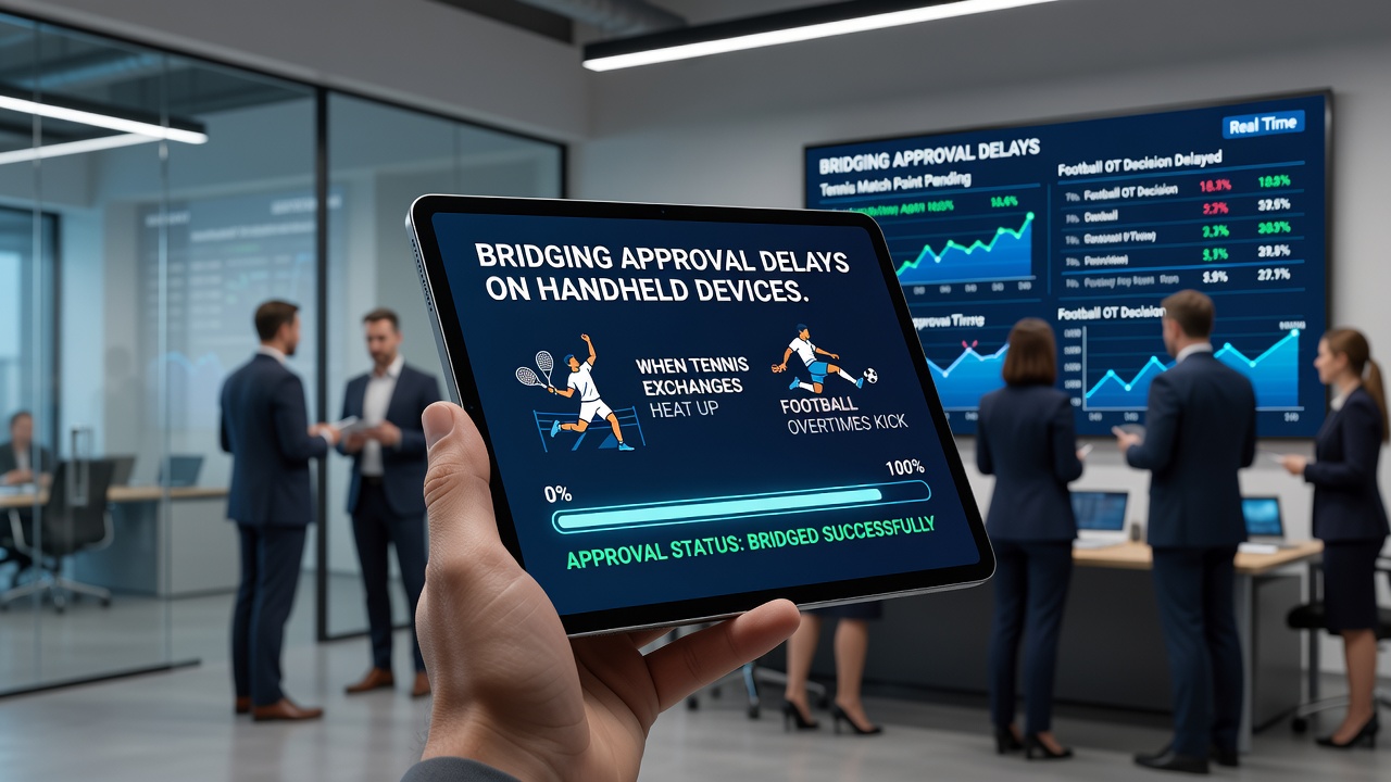 Handheld-Gerät zeigt synchronisierte Sportwetten und Casino-Spins während einer Fußball-Verlängerung