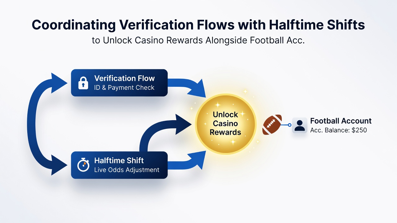 Mobile App-Oberfläche mit synchronisierten Verifizierungsflüssen, Halbzeit-Updates und Casino-Belohnungen für Fußball-Akkumulatoren