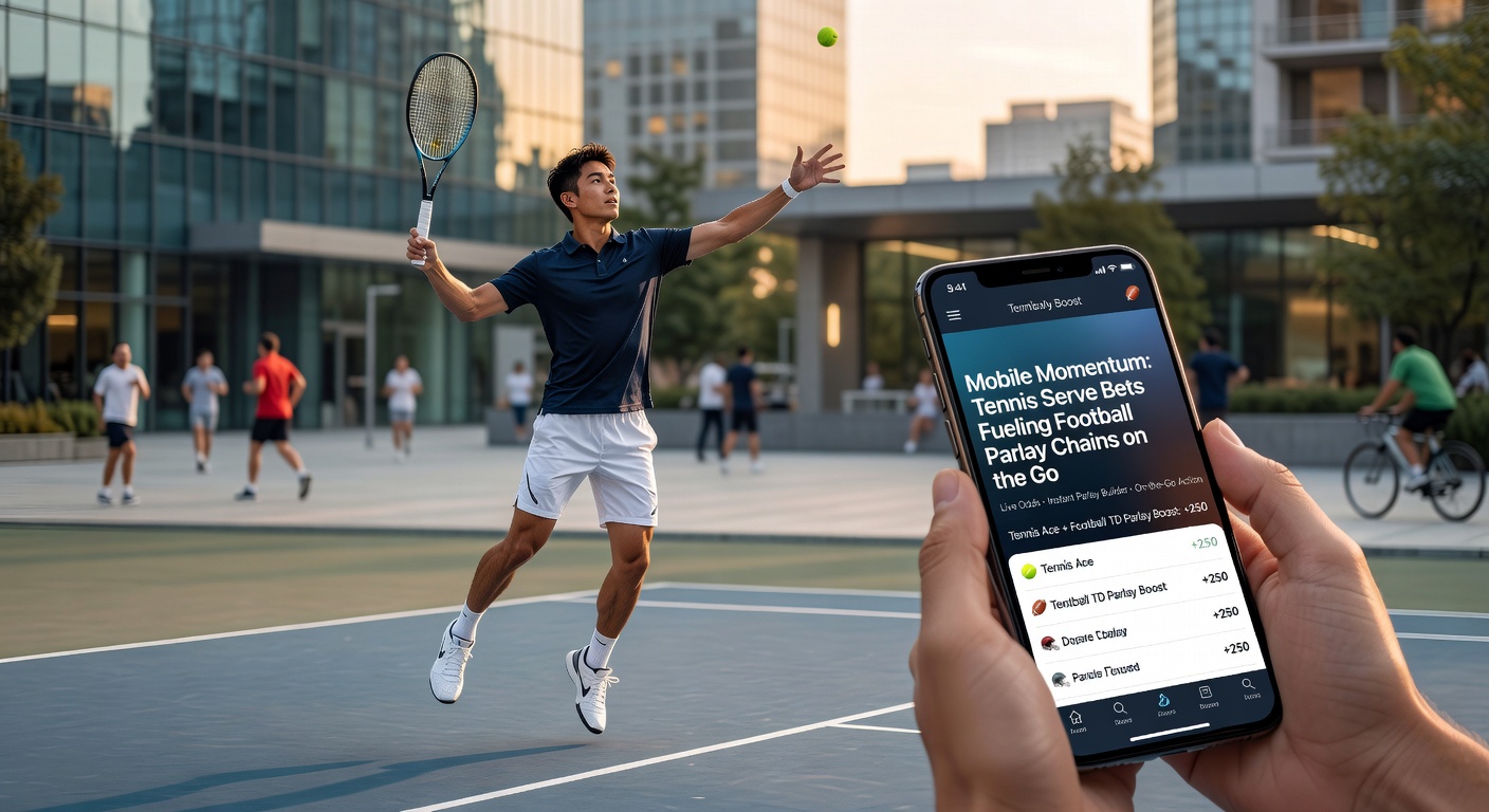 Grafik zeigt Football-Parlay-Kette mit Tennis-Serve-Boost, mobile App im Vordergrund mit Live-Quoten