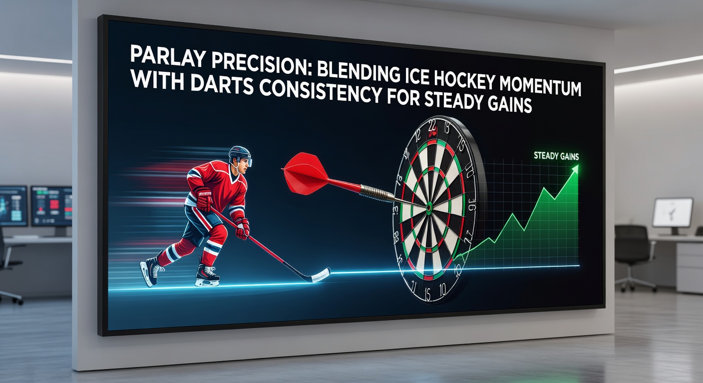 Dynamische Szene mit Eishockey-Spielern im Momentum und einem Dartspieler bei präzisen Würfen, die Parlay-Strategien symbolisieren